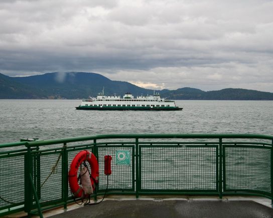 View of the MV Tillikum from aboard the MV Samish.  My home on Orcas Island is right behind the smokestack on the Tillikum.