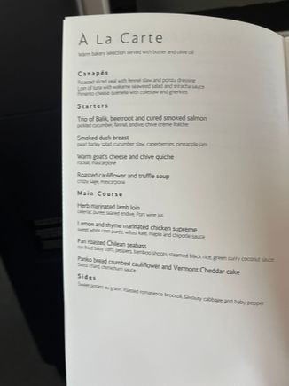 SFO-LHR Menu. 