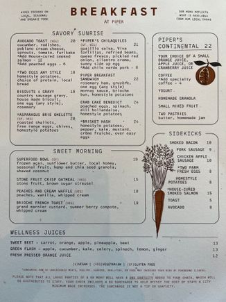 Piper weekday breakfast menu