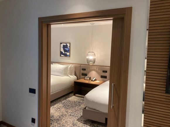 A view on the double queen beds and the sliding door