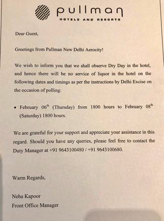 Letter of no alcohol on voting day
