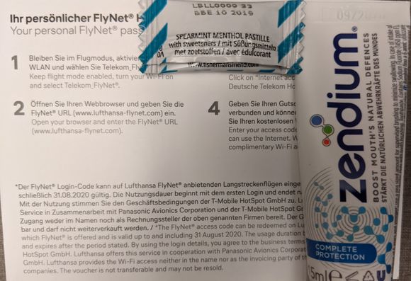 Toothpaste exp. 09/20
Fisherman's Friend exp. 10/19
Wifi voucher exp.31.08.20 Wifi didn't work during the flight, purser told that the expiration date is typo.
