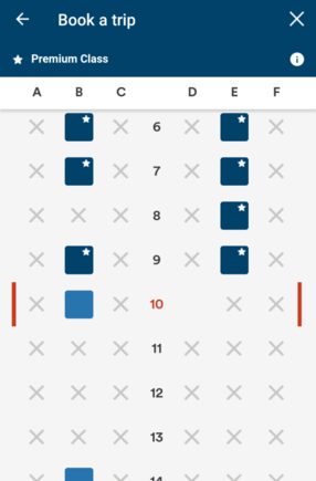 Seat preview - 6B, 6E, 7B, 7E, 8E, 9B, 9E, 10B, 14B available.