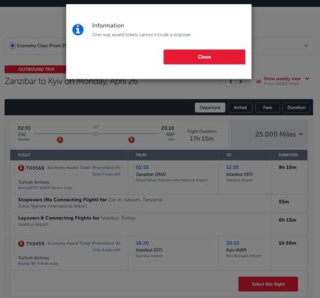 Error: "One-way award tickets cannot include a stopover"
