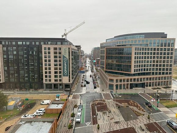 View from the room. The apartment building on the left, which opened in 2023, now blocks the view of Nats Park.