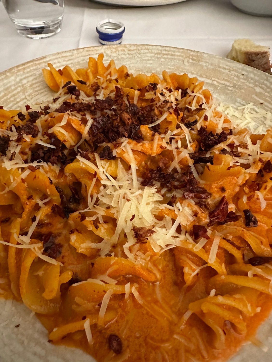 Fusillone with creamy sauce of Podolico cheese and cruschii peppers...dreamy! I finished the entire plate.