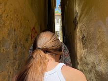 Entering Alfama up the stairs of a very narrow street!
