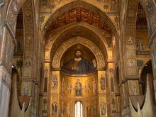 The beautiful alter and mosaic of Christ Pantocrator inside the Cathedral of Monreale