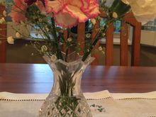 Here are my carnations that I got with my ice cream order. And of course my crystal vase from Dingle, Ireland. Sigh, happier than ever to have those trip memories. 