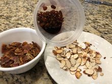 
Toppings for serving: bacon, wine soaked raisins, toasted almonds.