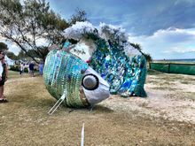 This fish is fabulous - and haunting.  Its  scales are made from CDs.  And its innards are from the plastic refuse we see in the ocean & which kills so much Marine life.