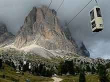 Eventually we came to the lift station at Passo Sella, with the famous telecabin gondolas--or as we call them, the flying phone booths. These are a real trip. They go right straight up the cliff face. We did this during our 2009 trip.