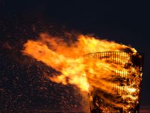 The fierce bonfire that always signals an end to the Olympiks (aka Robert Dover's Games). The fire is traditionally lit right after the fireworks display and right before the Torchlit procession, when the audience walks en masse from the remote Dovers hill back to CC. A Swindon fellow with a podcast interviewed us live during that procession. He sought our impressions as tourists. *more about those wacky games later.