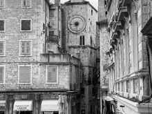 Narodni trg (main square) with the 1000 year old clock tower.  From my hotel room. at Palace Judita.   Split.