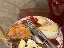 Closeup of little in-room snacks, on Portuguese porcelain; good heavy utensils.....no wonder I never ate lunch out.