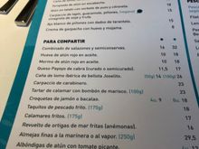 EL CAMPERO CARTA--PART ONE: Where two different prices are shown in the right column, the price on the left is for a "media-racion," a half order.  A full order is priced at the far right.