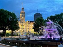 Parliament Building at night.