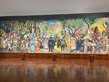 Picture of almost the whole mural, once a wall in the Hotel Prado, which was destroyed in the 1985 earthquake.The mural was moved a few blocks to it's present location.  There is a chart in English of each character. It's 400 years of Mexican history
