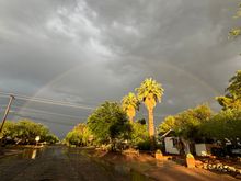 A rainbow which appeared during Pride Shabbat celebrated on the anniversary of the Stonewall Riots, which initiated the LGTBQ movement which has as its symbol the rainbow flag.