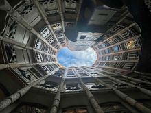 Looking up from a courtyard