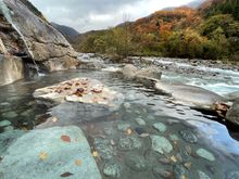 The outdoor onsen, early morning. The air was chilly but the water very warm and steamy. A pinch-me is this real experience.
