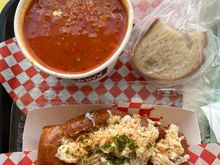 Manhattan clam chowder and CT-style Dungeness crab roll