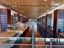 This is the main library, which is on two floors. All those blue boxes in the cabinets are part of the 10 million archived documents. Not my favorite layout.