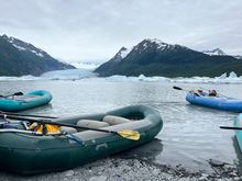 Floats on the ready; Spencer glacier in the distance, icebergs floating in the lake