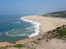 Praia do Norte (Nazaré) Portugal. The beach with the monstrous surfing waves.