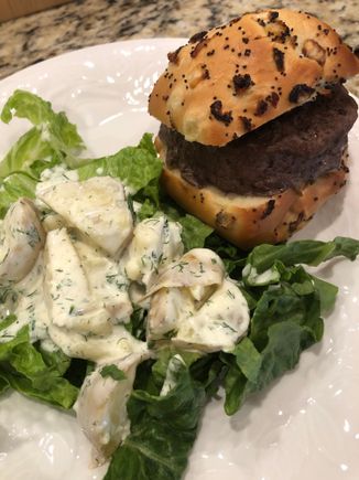 Last night’s yummy dinner.  Only salt, pepper and dijon mustard on the burger. 