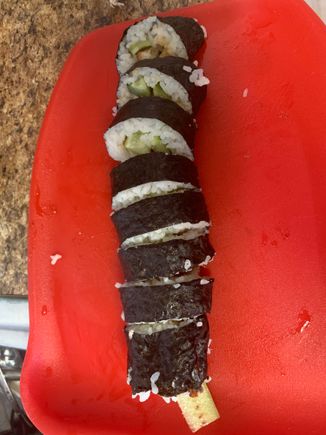 Unagi (eel) and cucumber sushi. I found frozen eel at the local Asian market. So tasty,.