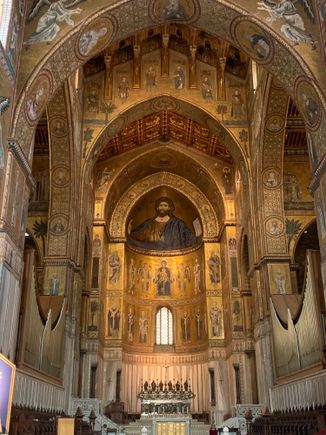 The beautiful alter and mosaic of Christ Pantocrator inside the Cathedral of Monreale