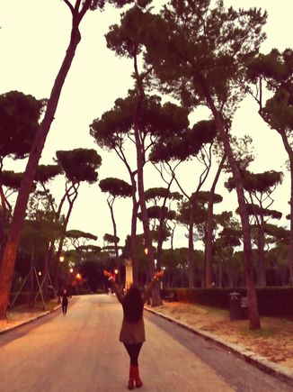 Villa Borghese trees, the jogger and me rejoicing under the Roman sky