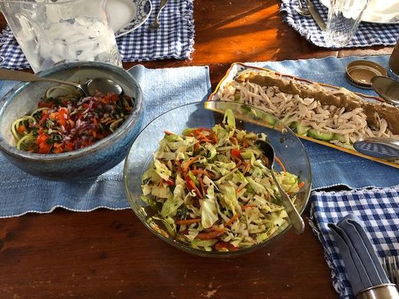 Zucchini noodle salad, Asian Slaw and Bon Bon Chicken