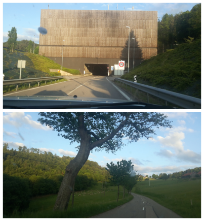 Entrance to the 7 km long Maurice Lemaire tunnel through Vosges Mountains. Great feat of engineering.

Winding mountain road after we crossed the tunnel.


