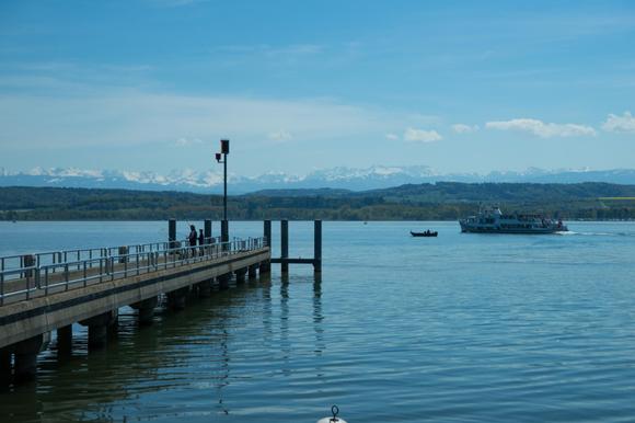 Jetty of Vallamand, close to Avenches beach, with Neuchatel bound boat