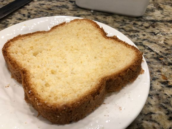 The last slice of brioche.  The knife and guard has a steep learning curve and works better making thicker slices of very soft bread.  
