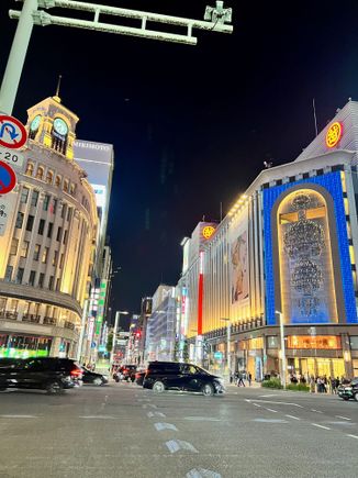 Nighttime view of the Seiko House Ginza Clock Tower