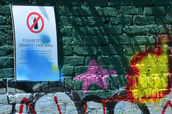 Read the poster from Allen gardens---seems a fair request, yeah? Banksy dabbled with spray cans early in his career, but has long been identified with his stencil mastery. The man is a genius, with his take on witty social comment. I see a straight line going from '60s protest songs to his works. A pair of his originals have recently been uncovered in the Shoreditch/Hoxton area, but seem to have been removed by opportunistic 'investors'.