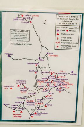 Resistance museum map of local Nazi atrocities including Maquis responses *note Oradour at very top.