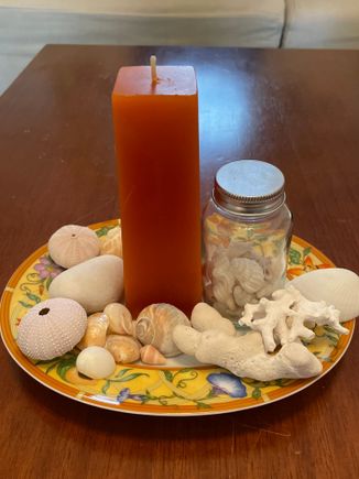 Same friend and I made this candle to go with the shells. Mr. Gruezi gave me the dish. 