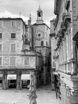Narodni trg (main square) with the 1000 year old clock tower.  From my hotel room. at Palace Judita.   Split.