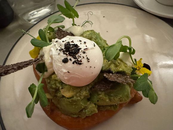 My scrumptious avocado smash pretzel with poached egg and whipped ricotta.