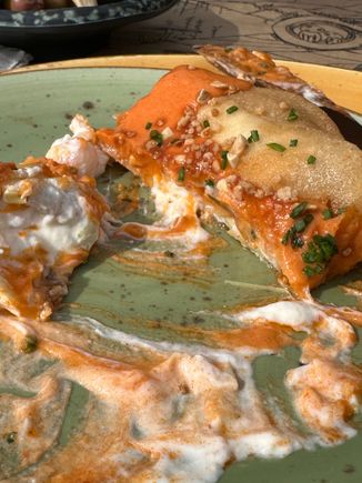 The delectable stuffing oozes out of the thin pastry...this was one fantastic dish.  From the printed menu at AZOTEA EL PALMAR, near Vejer de la Frontera