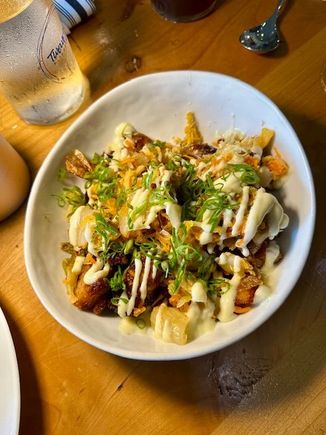 We shared these smashed potatoes. Twice fried Yukon gold potatoes, house Napa cabbage kimchi, aioli of house green sriracha, scallions and crispy braised pork belly.