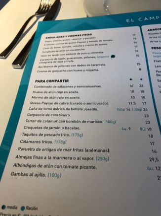 EL CAMPERO CARTA--PART ONE: Where two different prices are shown in the right column, the price on the left is for a "media-racion," a half order.  A full order is priced at the far right.