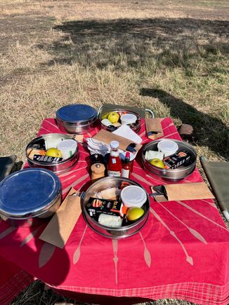 Breakfast spread while out on a drive.