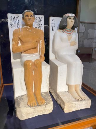 seated statues of Rahotep and Nofret, Sneferu’s son and consort
