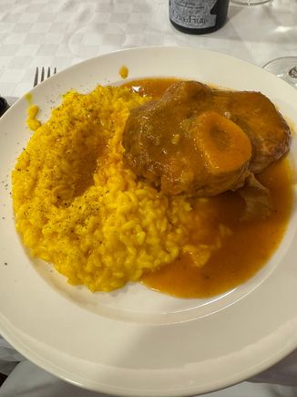 Our main courses at Trattoria Milanese 1933 - this is Ed's osso bucco with risotto