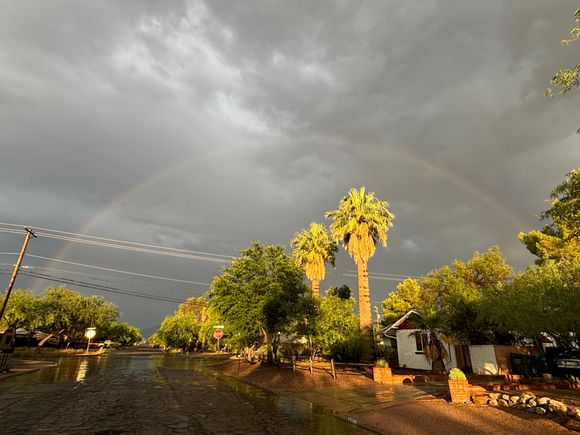A rainbow which appeared during Pride Shabbat celebrated on the anniversary of the Stonewall Riots, which initiated the LGTBQ movement which has as its symbol the rainbow flag.